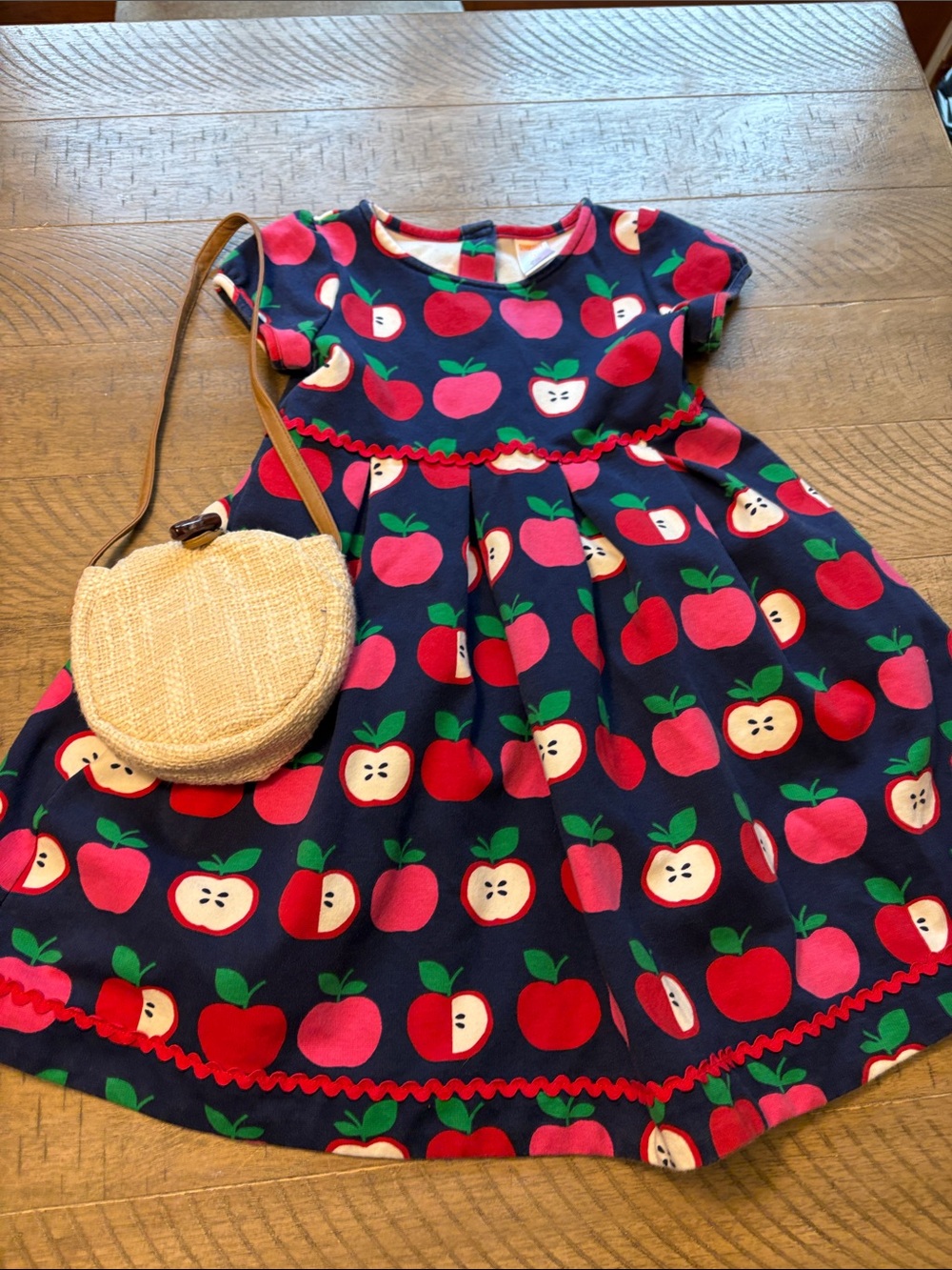 Gymboree Navy Dress with Red & Pink Apple Print with bag